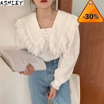

White 2020 Autumn Chic Sweet Ruffles Patchwork New Girls Loose High Quality Elegant Blouse Casual All-Match Shirt