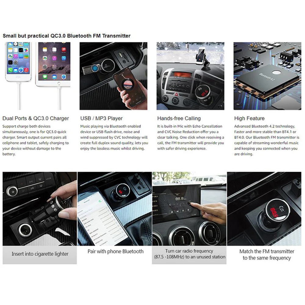 Автомобильный Bluetooth fm-передатчик, беспроводной радио адаптер, музыкальный MP3 плеер, автомобильный комплект, Hands Free, звонки с QC3.0, двойной USB зарядкой 5