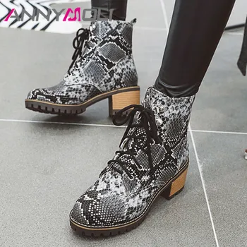 

ANNYMOLI Snake Print Chunky Heel Short Boots Woman Lace Up Med Heel Ankle Boots Round Toe Female Shoes Autumn Winter Red Blue 45