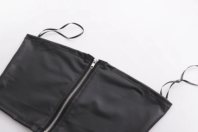 SheMujerSky Summer Pu Leather Crop Top Women Black Sexy Zipper Cropped Tops Sleeveless Top