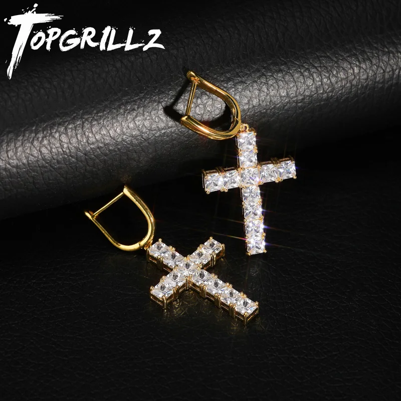 

TOPGRILLZ Micro Paved Cross Full Bling Iced Out Earring Cubic Zircon Gold Silver Charm Stud Earrings For Men Hip Hop Jewelry