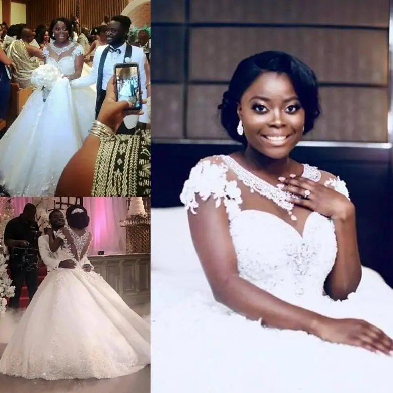 

Sequins African Wedding Dresses Plus Size Ball Sheer Neck Cap Sleeve Flower Lace Bridal Gowns Custom
