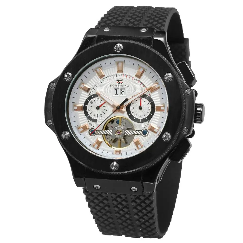 FORSINING Top Brand Luxury Rubber Band Sport Watches Black Case Tourbillon Designer Watch Male Automatic Mechanical Mens Watch