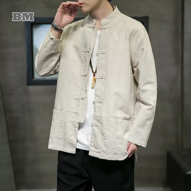 Spring Autumn Chinese Style Linen Cotton Shirt Tai Chi Kung Fu Long Sleeve Jacket Men Clothing Harajuku Plus Size Casual Coat |