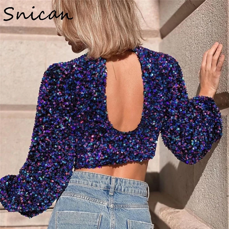 Snican Весенняя пикантная короткая блузка с длинным рукавом и открытой спиной