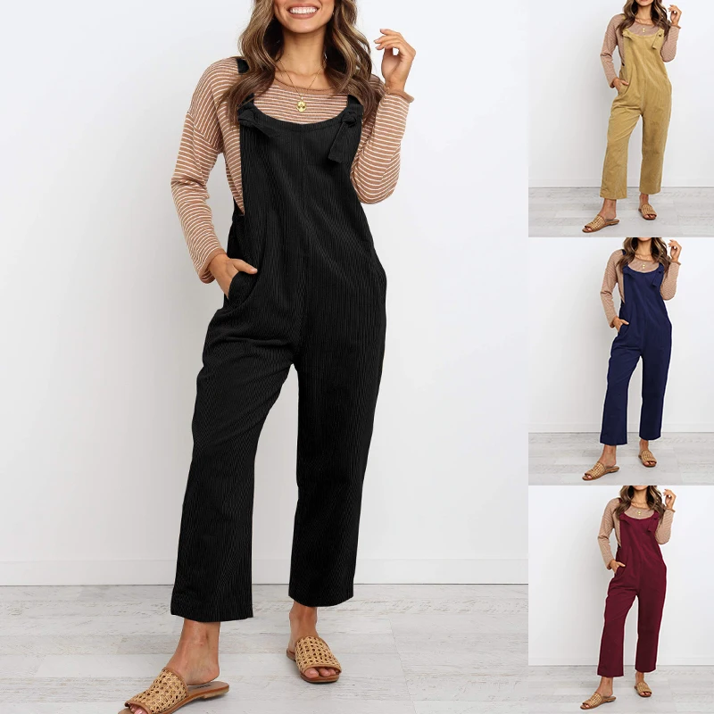 Womens Sleeveless Jumpsuit  Ladies Slim Fit Playsuit Trousers Overalls Women Spaghetti Strap Playsuit Corduroy Solid Dungarees