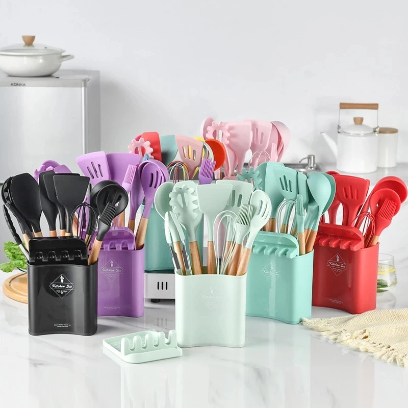 14 Pcs Silicone Cooking Kitchen Utensils Set with Holder, Wooden Handles  BPA Free Non Toxic Silicone Turner Tongs Spatula Spoon Kitchen Gadgets Utensil  Set for Nonstick Cookware (Khaki)