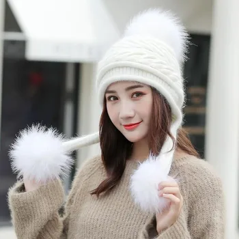 

Top Quality Rabbit Hair Hat Female Winter Outdoor Woolen Knitted Beanies Ladies Sweet Ear Protection Thicked Warm Fashion Hats