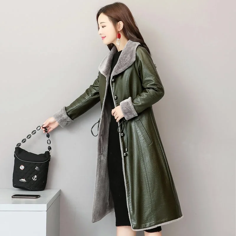 army green Vangull Новая женская красная куртка из искусственной кожи с меховой подкладкой, длинные пальто, тонкие модные кожаные пальто, черная одежда, женское элегантное пальто, верхняя одежда - Цвет: army green