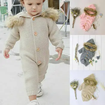 

Newborn Kid Baby Girl Boy 3D Ears Hooded Knited Romper Bodysuit Jumpsuit Outfit Clothes