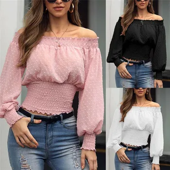 

Women Sexy Off Shoulder Slash Neck Long Sleeve Blouse Top Ladies Loose Shirt Blouse Pink Black White Plus Size