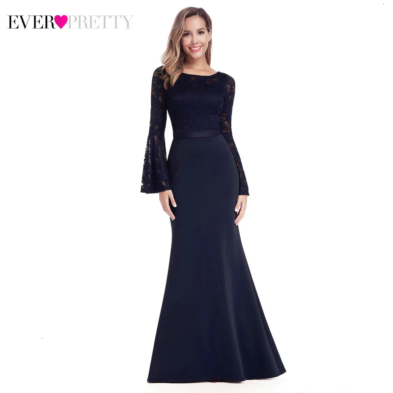 Navy Blue Элегантные кружевные вечерние платья с цветочным рисунком, длинные красивые вечерние платья с круглым вырезом и расклешенными рукавами - Цвет: Navy Blue