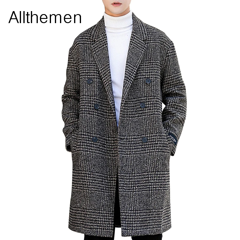 

Autumn Winter Warm Men's Retro Wind Coat Double Breasted Mens Long Coat Overcoat Men Casual Business Houndstooth Jacket Coat