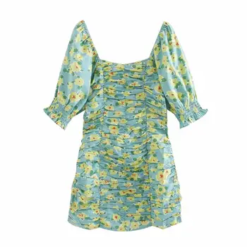 

2020 New Women Fresh Style Floral Print Pleated Mini dress Ladies Short Sleeve Back Zipper Vestidos Chic Slim Dresses DS3549