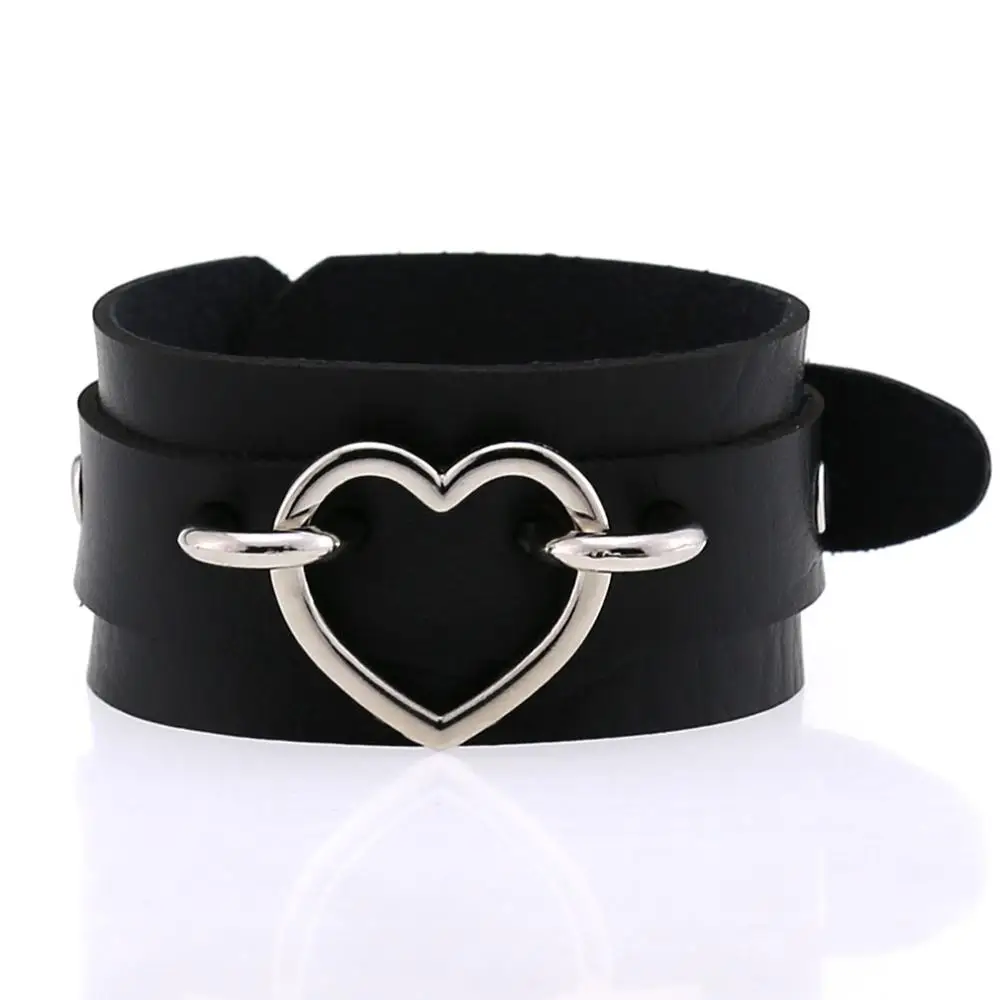 Silver Black Bracele KMVEXO, серебряные, металлические, в форме сердца, широкие кожаные манжетные браслеты, в стиле панк, готика, рок, унисекс, браслеты, браслет для женщин, мужские ювелирные изделия - Окраска металла: Silver Black Bracele