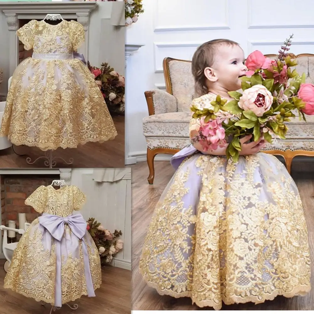 Золотые вечерние платья с цветочным узором для девочек, vestido daminha пояс с жемчугом и бантом, платье с цветочным узором для девочек кружевное платье для первого причастия