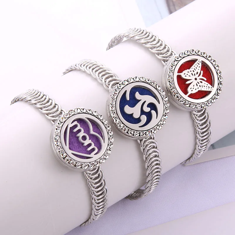 

Crystal Perfume Bracelet Essential Oil Diffuser Rhinestone Aromatherapy Locket Bracelet 316L Stainless Steel Diffuser Bracelet