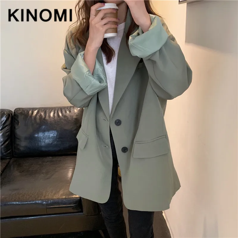 KINOMI Осень корейский OL Стиль Блейзер полный рукав однобортный пиджак для женщин Повседневное Свободное пальто куртка с карманами для женщин Новинка