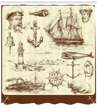 

Retro Shower Curtain Oceanic Drawing Effect Print for Bathroom