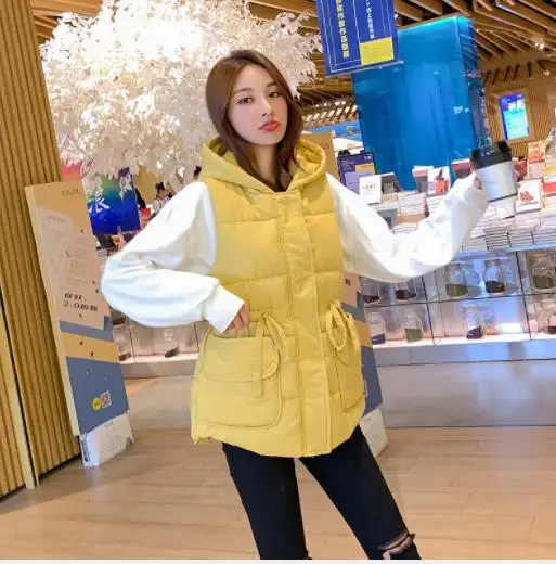 Yellow Модный осенний женский жилет размера плюс 3xl короткий пуховый хлопковый жилет с капюшоном с регулируемой талией зимняя куртка с большим карманом H135 - Цвет: Yellow