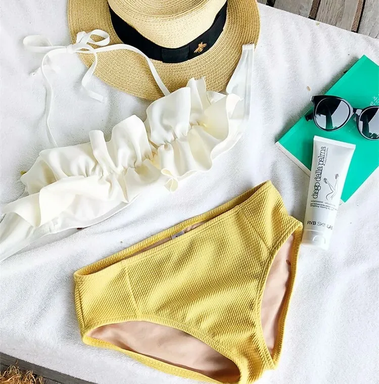 

South Korea Bikini Hipster Contrast Color Conservative Small Bust Gathering-Frilled Hot Springs Two-piece Swimsuits