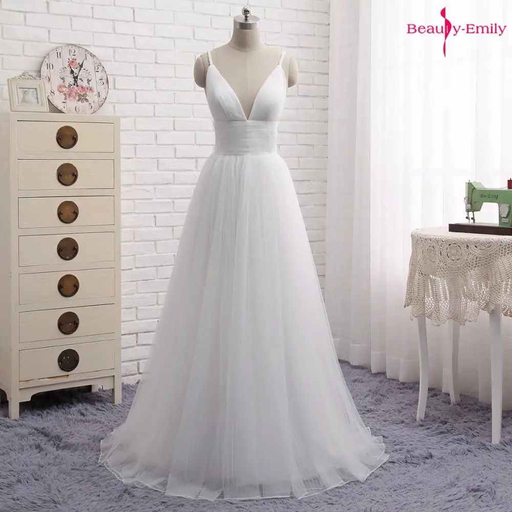 Beauty-Emily Sexy V-Neck Sling Evening Dress Long Tulle White Formal Dress Strapless Open Back Prom Gowns vestido de festa