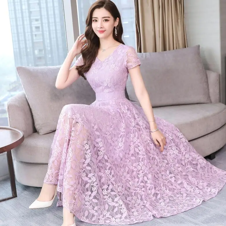 Elegant Sexy Lace Women Long Dress Summer new Casual Short Sleeve V-Neck Dress Solid color Hollow Out A-Line dress women's - Цвет: Лаванда