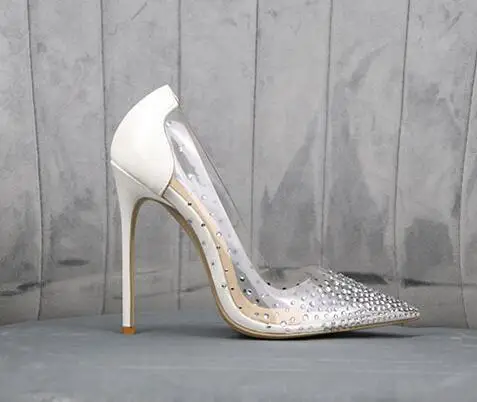 white 8cm BONJEAN; пикантные туфли из прозрачного ПВХ в стиле пэчворк на высоком каблуке; вечерние туфли с острым носком, украшенные стразами; свадебные туфли на каблуке 12 см; модельные туфли - Цвет: white 8cm