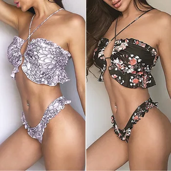 

Sexy Bandeau Bikinis Women Swimwear Thong Bikini Set Ruffle String Floral Two Piece Swimsuit Falbala Push Up Beach Bathing Suit