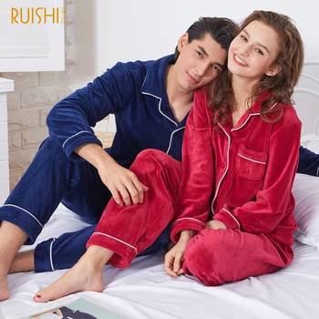 

Couple Sleepwear Men And Women Winter Pyjamas Warm Pajamas Solid Home Wear Cardigan Long Sleeves Lapel Flannel Pajamas Christmas