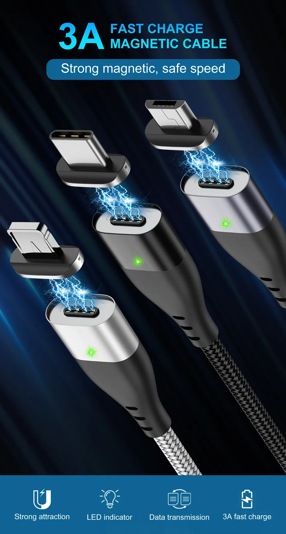 Магнитный кабель для быстрой зарядки USLION 3A Micro usb type C для iPhone 11 Pro XS Max XR X samsung S10, магнитный шнур для зарядки и передачи данных