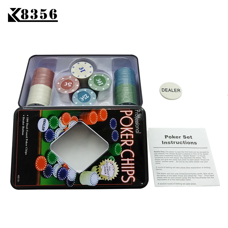 K8356 высокое качество набор для казино Техас фишки для покера 100 шт. игра Жетоны тонкие пластиковые фишки 1/5/10/25 евро четыре пары дилера