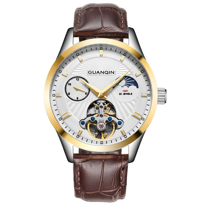 GUANQIN GJ16105 часы мужские люксовый бренд Tourbillon Moon фазный автоматический механические кожаные часы мужские спортивные часы reloj hombre - Цвет: white gold