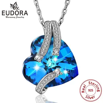 

EUDORA Crystal from Swarovski Women Necklace Fine Jewelry Blue Heart Crystal Pendant Necklace Birthday day Valentine's day Gift