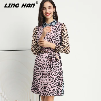 

LINGHAN Designer Women Spring Summer 2020 Vintage Leopard Print Long Sleeve Boho Party Dress Dresses