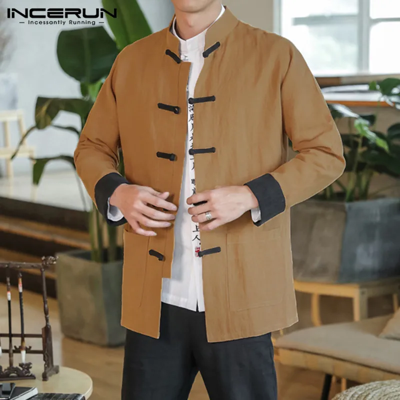 INCERUN Мода Hanfu для мужчин сплошной воротник Повседневная хлопковая рубашка куртки традиционный Джокер пряжка ретро Harajuku s блузка кимоно