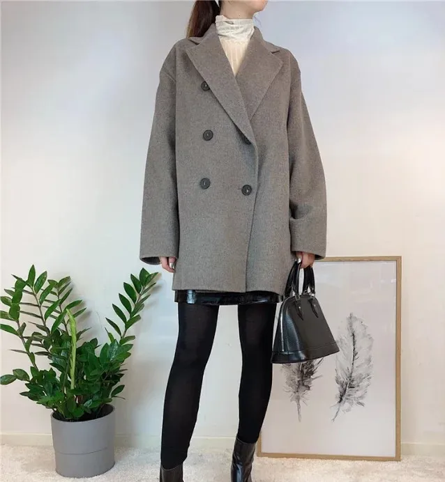 

Women Simple Jacket Solid Color Turn-down Collar Double Breasted Jacket