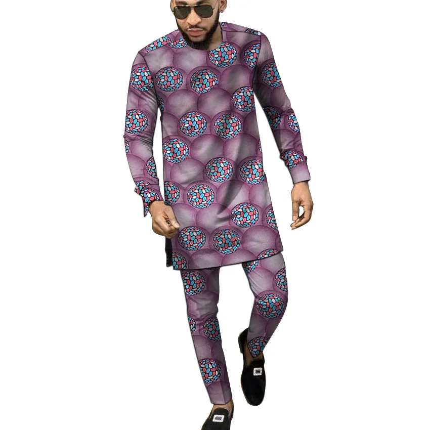 Африканский принт с длинным рукавом мужская рубашка с брюками наборы рубашки-Дашики+ брюки на заказ мужские наряды для африканских жениха костюмы - Цвет: 1
