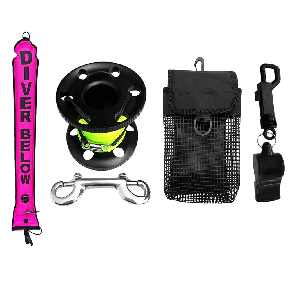 Scuba Diving Surface Marker Buoy(4FT)+Finger Spool Reel+Mesh Bag& Whistle