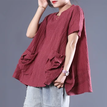 

[EWQ] 2020 Spring Summer Round Collar Short Sleeve Solid Patchwork Pullovers Vintage T-shirt Women Large Size AK96817.2XL