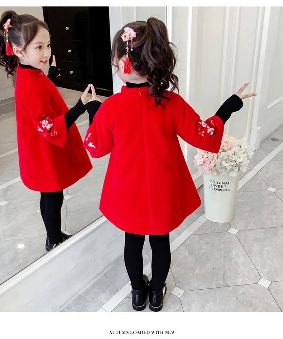 Coat For Girl Flower Embroidery Velvet Coat For Girls Three Quarter Kids Outerwear Fashion Winter Clothes For Girls Christmas