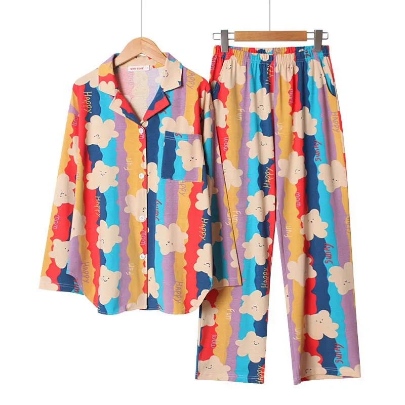 

Spring And Autumn Ladies Pajamas Set Colorful Rainbow Cute Bear Printed Sleepwear Turn-down Collar Long Sleeve+Pants Homewear