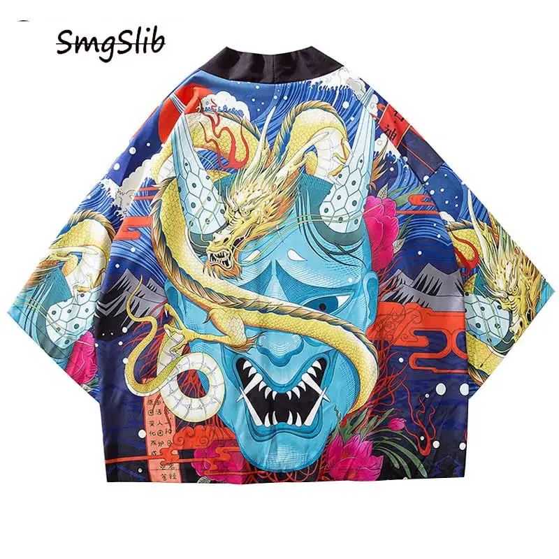 

2020 Japanese Style Devil Dragon Print Kimono Cardigan Haori Jackets Hip Hop Harajuku Casual Open Front Coats Streetwear