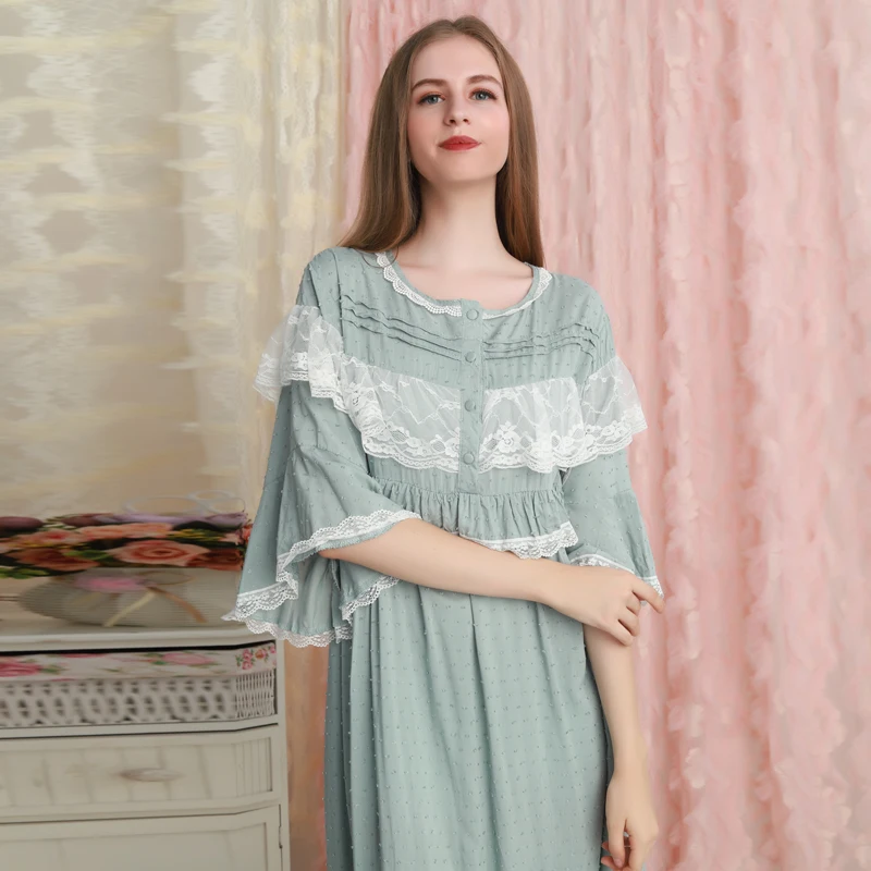 Dark green Хлопковое кружевное ночное белье для женщин; ночная рубашка принцессы для беременных женщин; длинное платье; свободные и удобные пуговицы; можно открыть - Цвет: Dark green