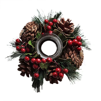 

Door Hanging Wreath New Year Decoration Christmas Candle Holder Fashion Pinecone Berries Glass Candle Holder Xmas Decor