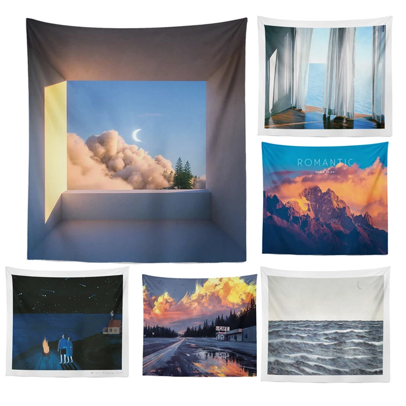 

Window Scenic Tapestry Sunset Sky Printing Home Wall Decoration Sea Wall Hanging for Christmas Party Snow Mountain Beach Throw