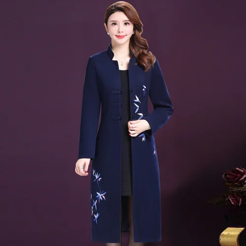 

2019 Autumn Winter New Fashion Single Breasted China Wind Hand Embroidery Designs Woman Wool Female Cashmere Overcoat Plus Size