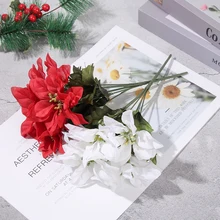 7 головок/букет, настоящие на ощупь, фланелевые Искусственные Рождественские цветы, красные кусты пуансеттия, букеты, украшения на елку, центральная часть