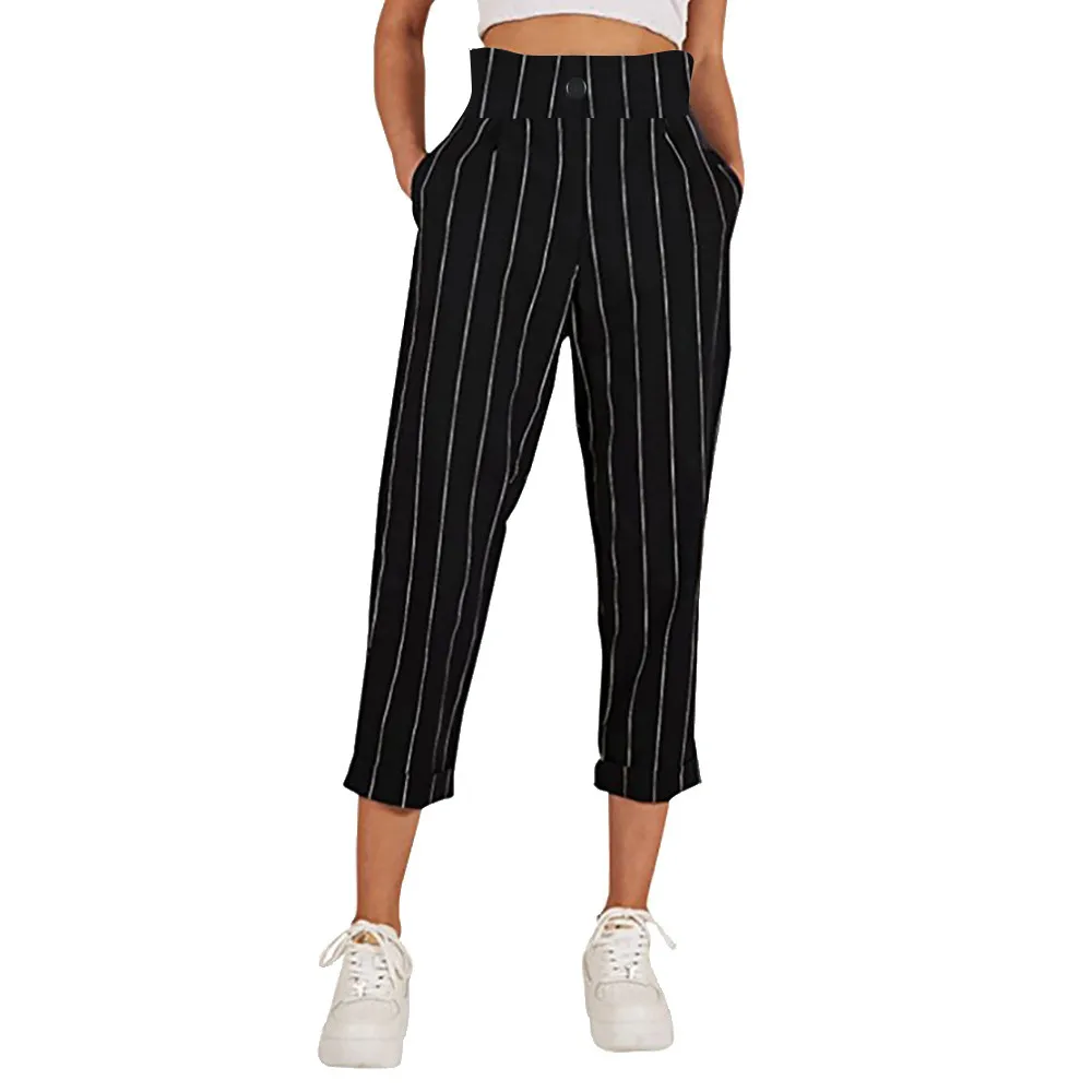 

Fashion Pants Women Striped Slim Straight Leg Casual Button comfortable Pants With Pockets spodnie damskie#guahao