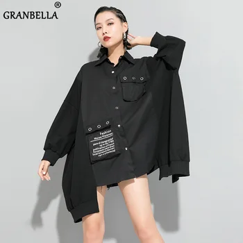 

Long-sleeved Metallic Rings Black Shirt For Women Large Size Loose Casusal Girl's Dancing Blouse With Pocket chemisiere